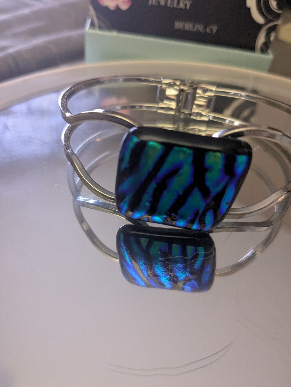 Blue Green Iridescent Glass Cuff Bracelet - Women Accessories